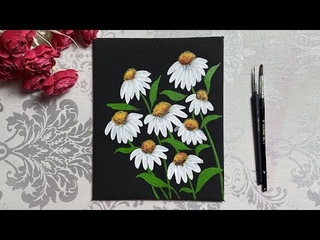 Daisy Panting on Black Canvas, How to Daisy Flowers with Acrylic Colours