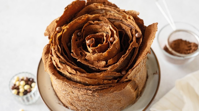 No bake Truffle Rose Cake: A quick, beautiful chocolate pancake cake with simple