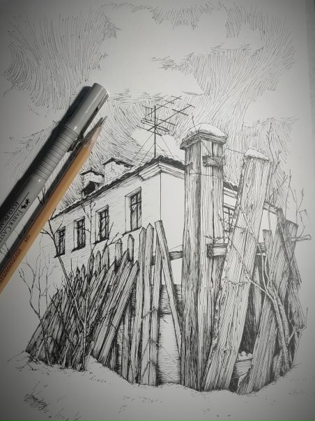 зарисовки ручкой. графика линером. эскизы линером. графический карандаш. пейзаж черной ручкой.