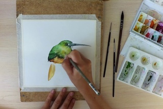 Картина акварелью. Изумрудный зимородок. Speed painting