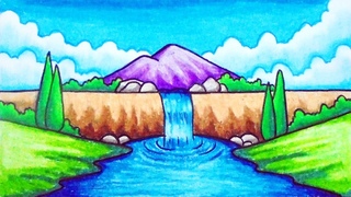 How to Draw Easy Scenery | Drawing Waterfall scenery step by step with Oil Pastels
