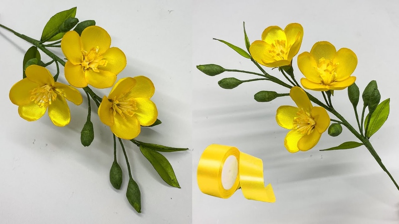 DIY, How To Make Yellow Apricot Flower From Satin Ribbon Easy, Satin Ribbon Flowers